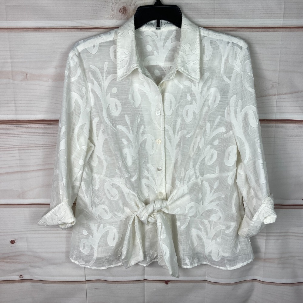 Robert Kitchen Top Womens XXL White Floral Button Up Shirt Sheer Belt 3/4 Sleeve